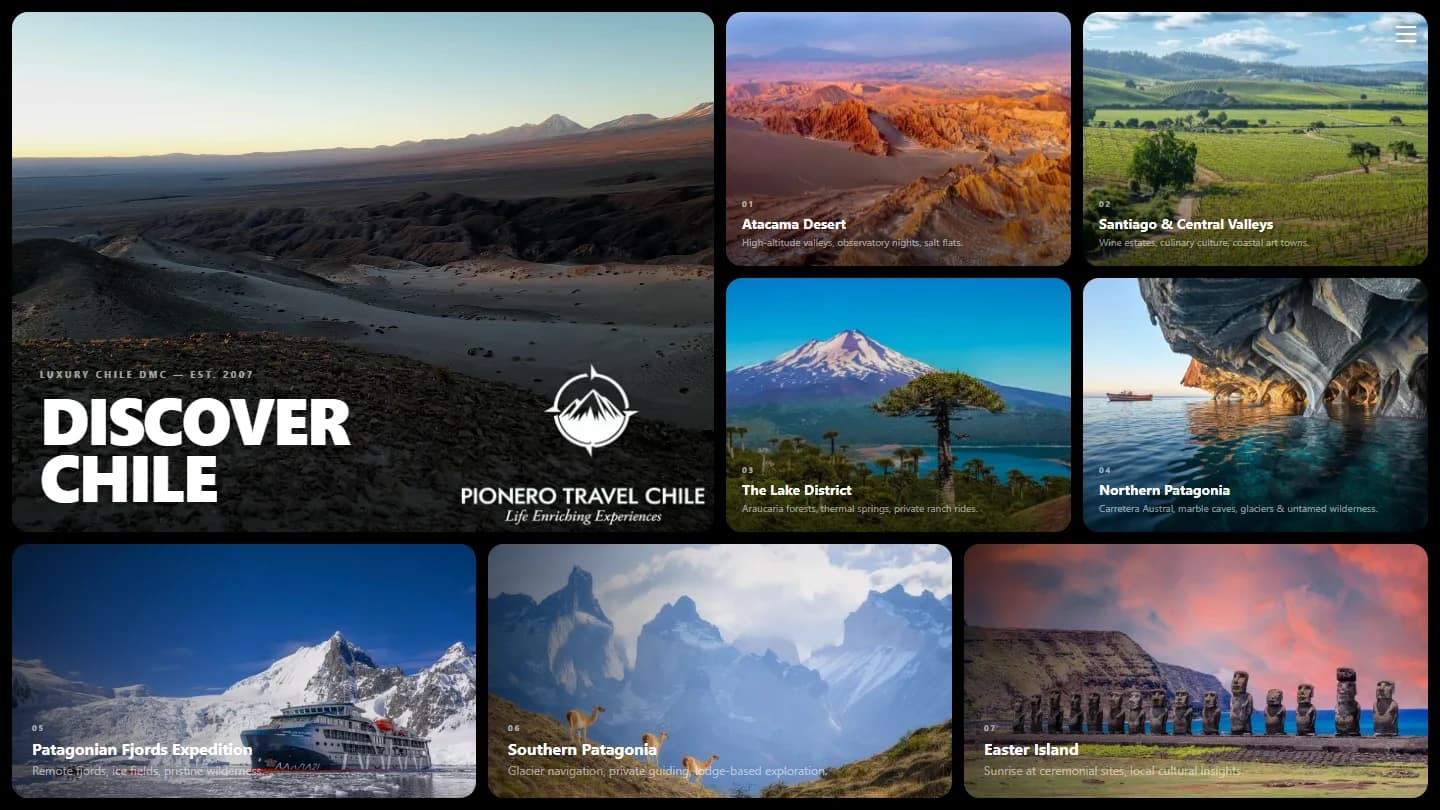 Pionero Travel website: destinations across Chile