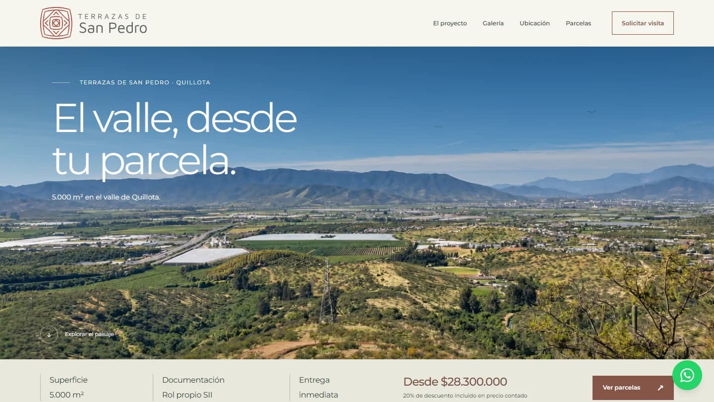Terrazas de San Pedro website: valley panorama and project introduction