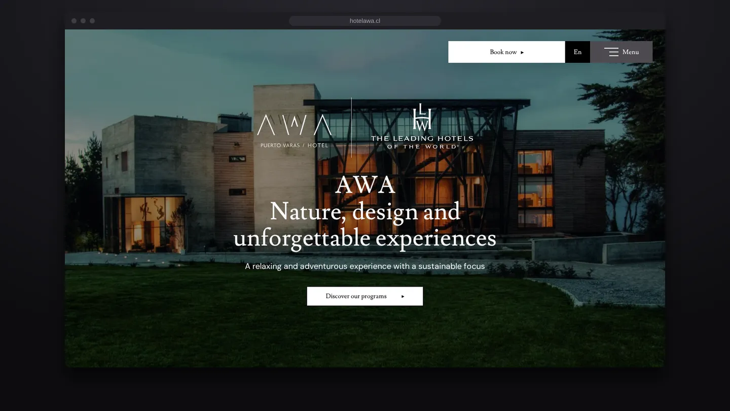 Hotel AWA website with booking bar